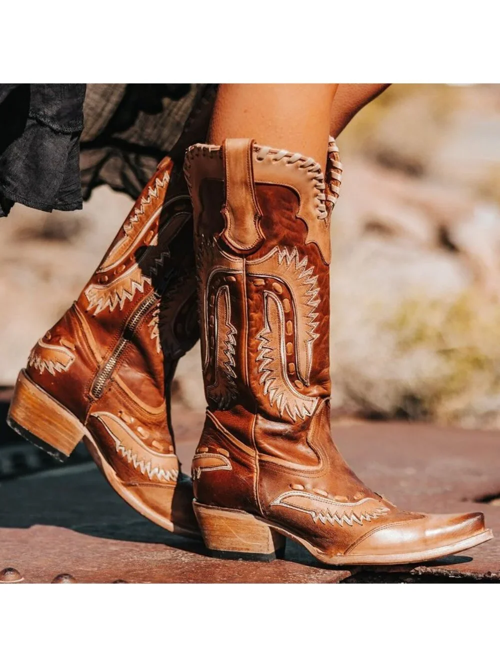 Women's Brown Swallow Floral Embroidered  Chunky Low Heels Western Cowboy Knee